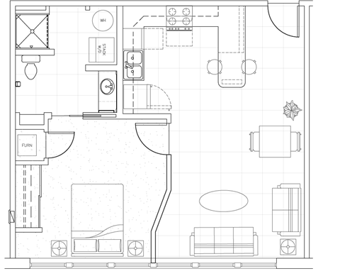 Floor plan for 1 bed, 1 bath, 748 sqft
